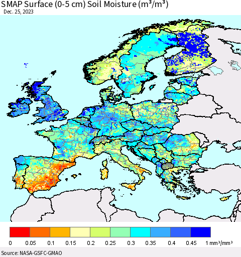 Europe SMAP Surface (0-5 cm) Soil Moisture (m³/m³) Thematic Map For 12/21/2023 - 12/25/2023