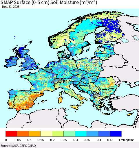 Europe SMAP Surface (0-5 cm) Soil Moisture (m³/m³) Thematic Map For 12/26/2023 - 12/31/2023