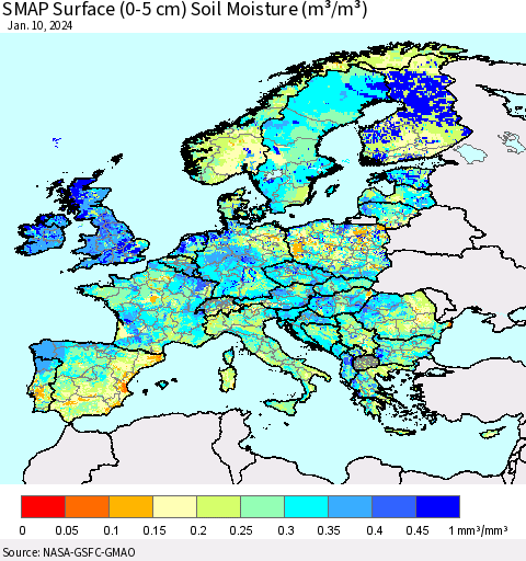 Europe SMAP Surface (0-5 cm) Soil Moisture (m³/m³) Thematic Map For 1/6/2024 - 1/10/2024