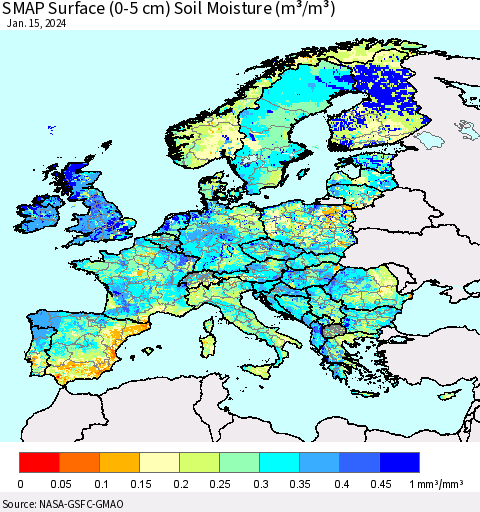 Europe SMAP Surface (0-5 cm) Soil Moisture (m³/m³) Thematic Map For 1/11/2024 - 1/15/2024