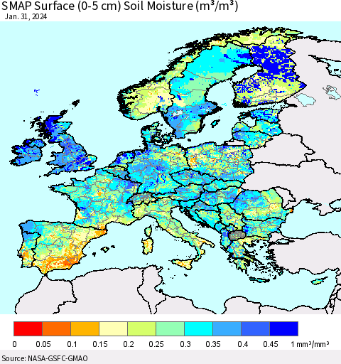 Europe SMAP Surface (0-5 cm) Soil Moisture (m³/m³) Thematic Map For 1/26/2024 - 1/31/2024