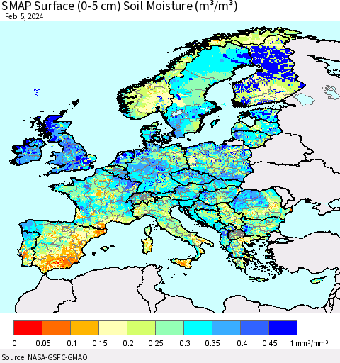 Europe SMAP Surface (0-5 cm) Soil Moisture (m³/m³) Thematic Map For 2/1/2024 - 2/5/2024