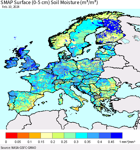Europe SMAP Surface (0-5 cm) Soil Moisture (m³/m³) Thematic Map For 2/6/2024 - 2/10/2024
