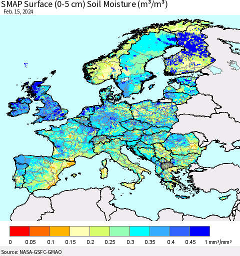 Europe SMAP Surface (0-5 cm) Soil Moisture (m³/m³) Thematic Map For 2/11/2024 - 2/15/2024