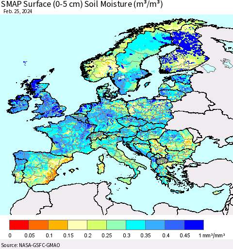 Europe SMAP Surface (0-5 cm) Soil Moisture (m³/m³) Thematic Map For 2/21/2024 - 2/25/2024