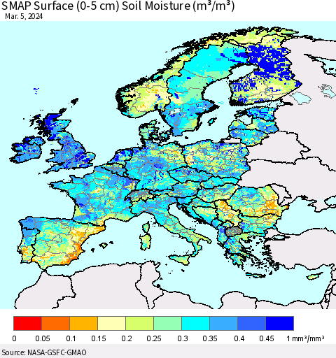 Europe SMAP Surface (0-5 cm) Soil Moisture (m³/m³) Thematic Map For 3/1/2024 - 3/5/2024