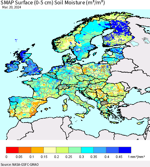 Europe SMAP Surface (0-5 cm) Soil Moisture (m³/m³) Thematic Map For 3/16/2024 - 3/20/2024