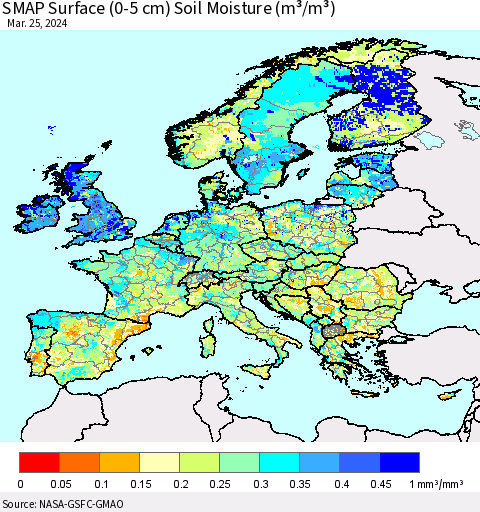 Europe SMAP Surface (0-5 cm) Soil Moisture (m³/m³) Thematic Map For 3/21/2024 - 3/25/2024