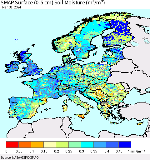 Europe SMAP Surface (0-5 cm) Soil Moisture (m³/m³) Thematic Map For 3/26/2024 - 3/31/2024