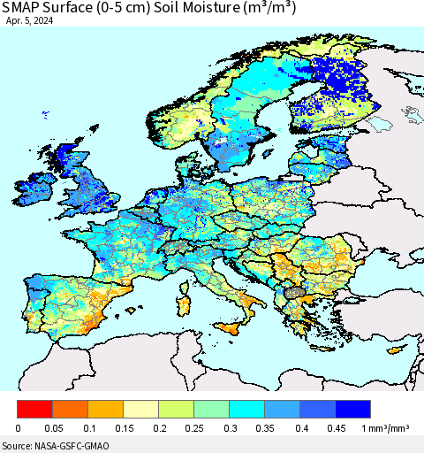 Europe SMAP Surface (0-5 cm) Soil Moisture (m³/m³) Thematic Map For 4/1/2024 - 4/5/2024
