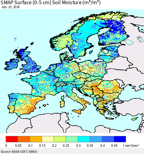 Europe SMAP Surface (0-5 cm) Soil Moisture (m³/m³) Thematic Map For 4/6/2024 - 4/10/2024