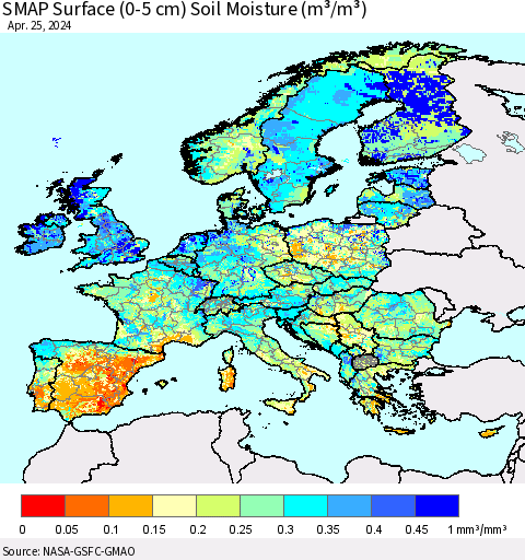 Europe SMAP Surface (0-5 cm) Soil Moisture (m³/m³) Thematic Map For 4/21/2024 - 4/25/2024