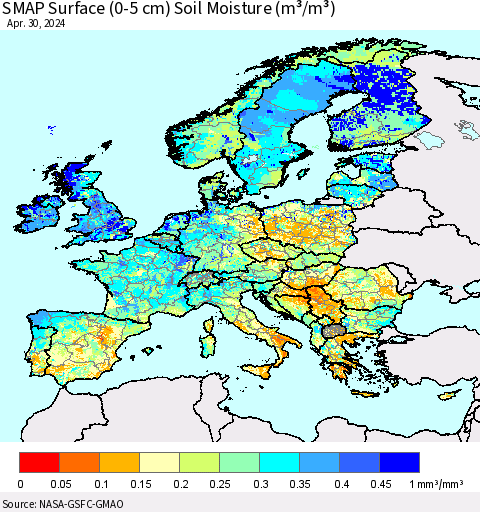 Europe SMAP Surface (0-5 cm) Soil Moisture (m³/m³) Thematic Map For 4/26/2024 - 4/30/2024