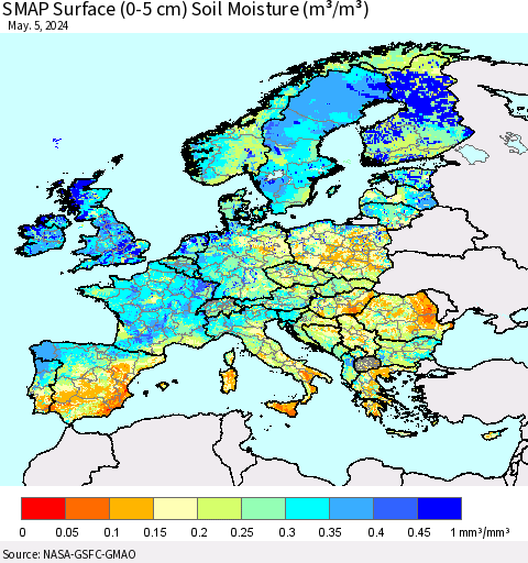 Europe SMAP Surface (0-5 cm) Soil Moisture (m³/m³) Thematic Map For 5/1/2024 - 5/5/2024