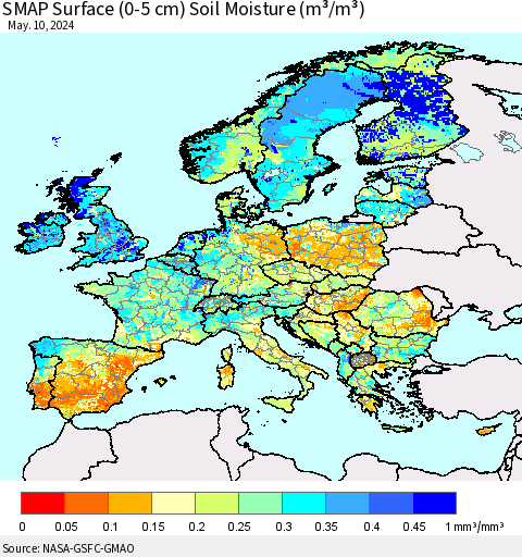 Europe SMAP Surface (0-5 cm) Soil Moisture (m³/m³) Thematic Map For 5/6/2024 - 5/10/2024