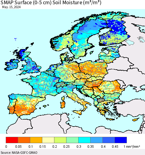 Europe SMAP Surface (0-5 cm) Soil Moisture (m³/m³) Thematic Map For 5/11/2024 - 5/15/2024