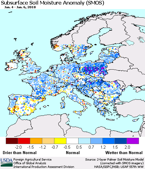 Europe Subsurface Soil Moisture Anomaly (SMOS) Thematic Map For 1/1/2018 - 1/7/2018