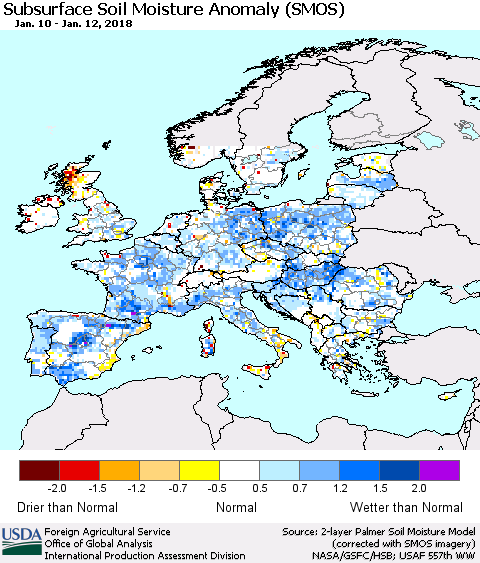 Europe Subsurface Soil Moisture Anomaly (SMOS) Thematic Map For 1/8/2018 - 1/14/2018