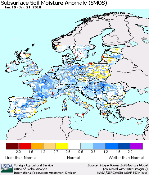 Europe Subsurface Soil Moisture Anomaly (SMOS) Thematic Map For 1/15/2018 - 1/21/2018