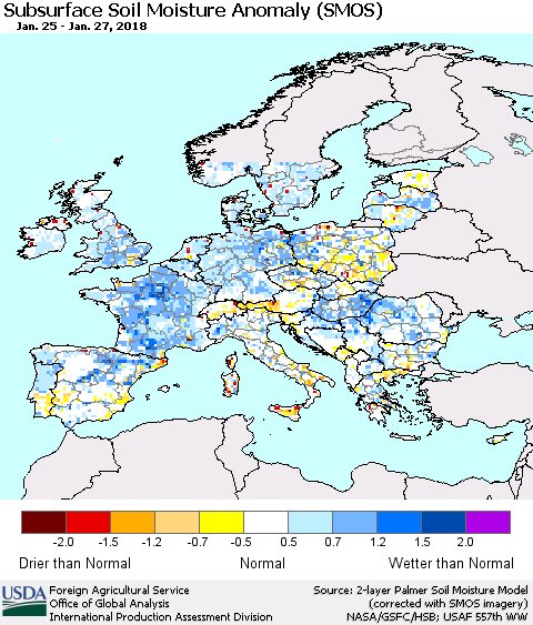 Europe Subsurface Soil Moisture Anomaly (SMOS) Thematic Map For 1/22/2018 - 1/28/2018