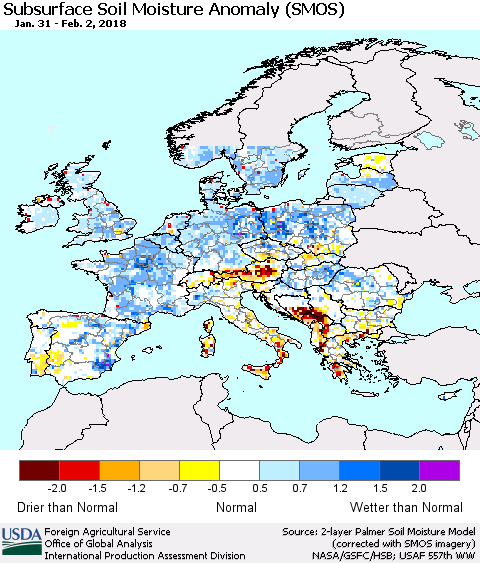 Europe Subsurface Soil Moisture Anomaly (SMOS) Thematic Map For 1/29/2018 - 2/4/2018