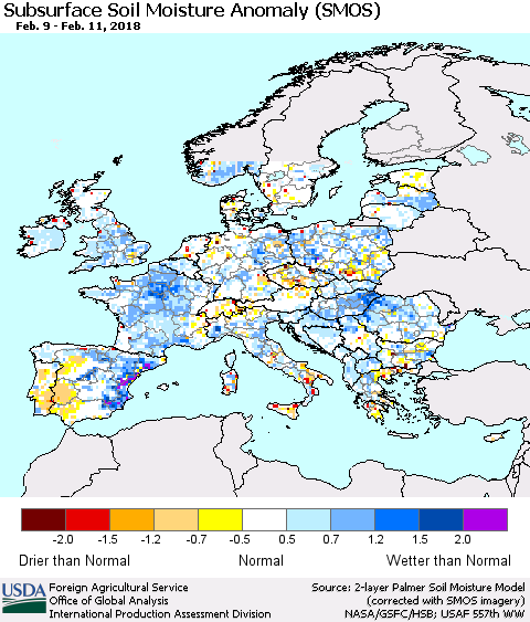 Europe Subsurface Soil Moisture Anomaly (SMOS) Thematic Map For 2/5/2018 - 2/11/2018