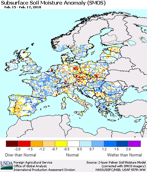 Europe Subsurface Soil Moisture Anomaly (SMOS) Thematic Map For 2/12/2018 - 2/18/2018