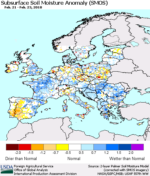 Europe Subsurface Soil Moisture Anomaly (SMOS) Thematic Map For 2/19/2018 - 2/25/2018
