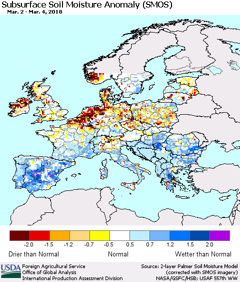 Europe Subsurface Soil Moisture Anomaly (SMOS) Thematic Map For 2/26/2018 - 3/4/2018