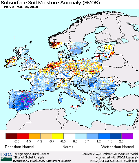 Europe Subsurface Soil Moisture Anomaly (SMOS) Thematic Map For 3/5/2018 - 3/11/2018