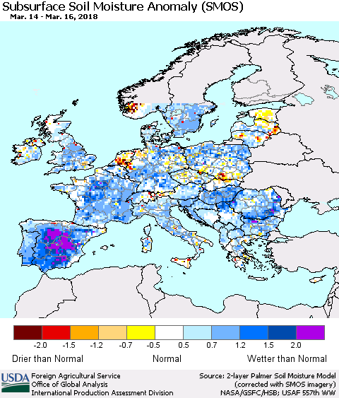 Europe Subsurface Soil Moisture Anomaly (SMOS) Thematic Map For 3/12/2018 - 3/18/2018