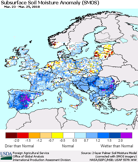 Europe Subsurface Soil Moisture Anomaly (SMOS) Thematic Map For 3/19/2018 - 3/25/2018