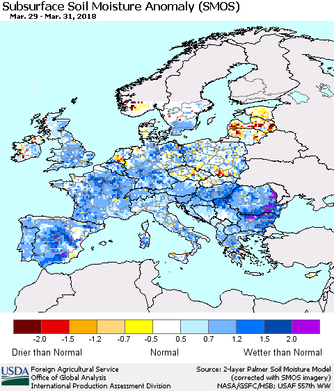 Europe Subsurface Soil Moisture Anomaly (SMOS) Thematic Map For 3/26/2018 - 4/1/2018