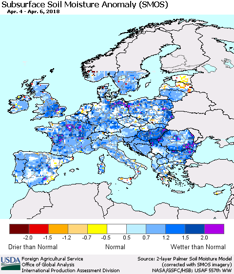 Europe Subsurface Soil Moisture Anomaly (SMOS) Thematic Map For 4/2/2018 - 4/8/2018