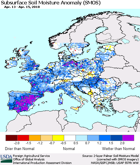Europe Subsurface Soil Moisture Anomaly (SMOS) Thematic Map For 4/9/2018 - 4/15/2018