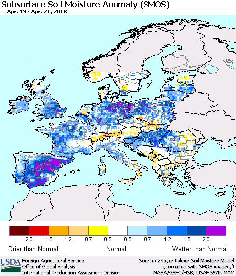 Europe Subsurface Soil Moisture Anomaly (SMOS) Thematic Map For 4/16/2018 - 4/22/2018