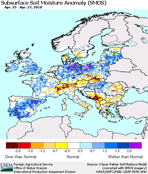 Europe Subsurface Soil Moisture Anomaly (SMOS) Thematic Map For 4/23/2018 - 4/29/2018
