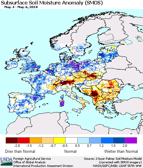 Europe Subsurface Soil Moisture Anomaly (SMOS) Thematic Map For 4/30/2018 - 5/6/2018
