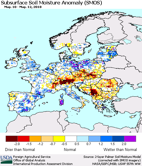Europe Subsurface Soil Moisture Anomaly (SMOS) Thematic Map For 5/7/2018 - 5/13/2018