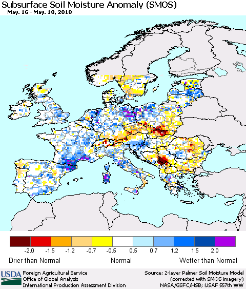 Europe Subsurface Soil Moisture Anomaly (SMOS) Thematic Map For 5/14/2018 - 5/20/2018