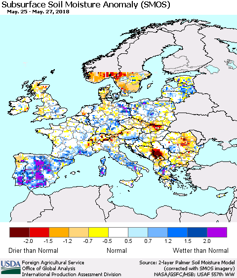 Europe Subsurface Soil Moisture Anomaly (SMOS) Thematic Map For 5/21/2018 - 5/27/2018
