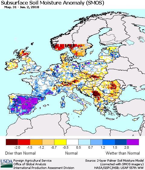 Europe Subsurface Soil Moisture Anomaly (SMOS) Thematic Map For 5/28/2018 - 6/3/2018