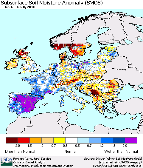 Europe Subsurface Soil Moisture Anomaly (SMOS) Thematic Map For 6/4/2018 - 6/10/2018