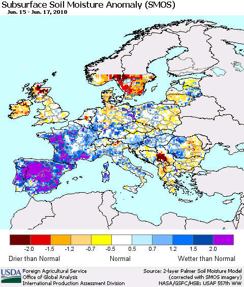 Europe Subsurface Soil Moisture Anomaly (SMOS) Thematic Map For 6/11/2018 - 6/17/2018