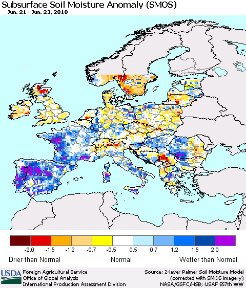 Europe Subsurface Soil Moisture Anomaly (SMOS) Thematic Map For 6/18/2018 - 6/24/2018