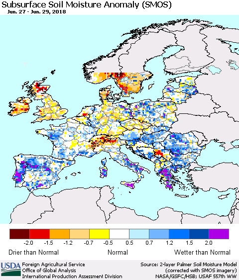 Europe Subsurface Soil Moisture Anomaly (SMOS) Thematic Map For 6/25/2018 - 7/1/2018