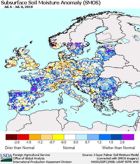 Europe Subsurface Soil Moisture Anomaly (SMOS) Thematic Map For 7/2/2018 - 7/8/2018