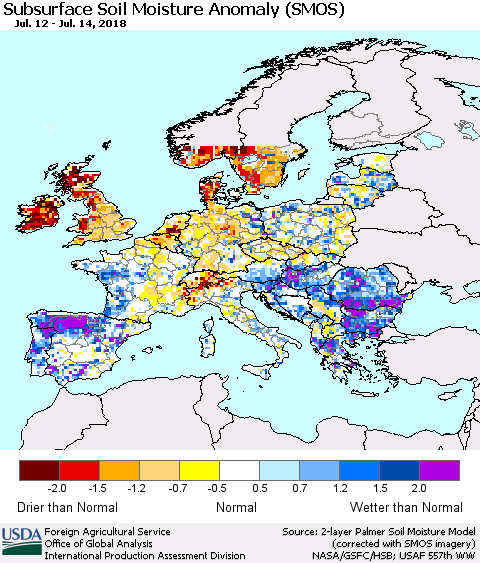 Europe Subsurface Soil Moisture Anomaly (SMOS) Thematic Map For 7/9/2018 - 7/15/2018