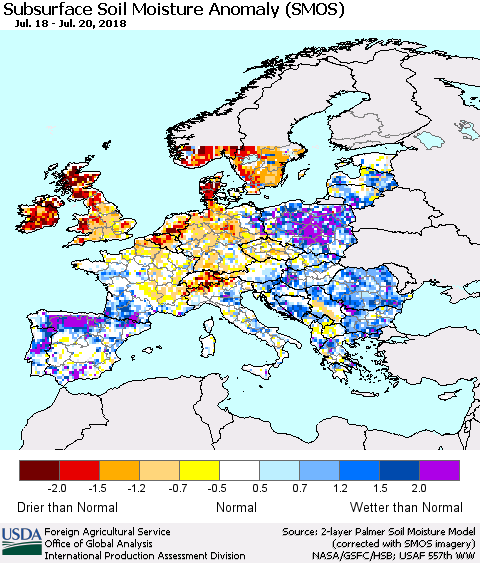 Europe Subsurface Soil Moisture Anomaly (SMOS) Thematic Map For 7/16/2018 - 7/22/2018