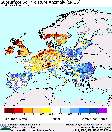 Europe Subsurface Soil Moisture Anomaly (SMOS) Thematic Map For 7/23/2018 - 7/29/2018